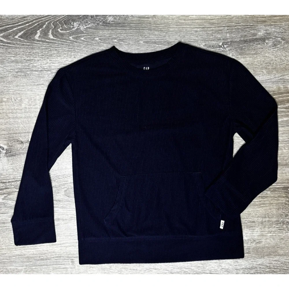 Gap Kids Navy Blue‎ Waffle Pullover Long Sleeve Top Kangaroo Pocket Cozy Size 10